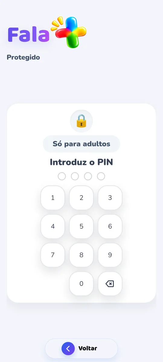 Ecrã real de acesso à Área Adulto, protegido por PIN
