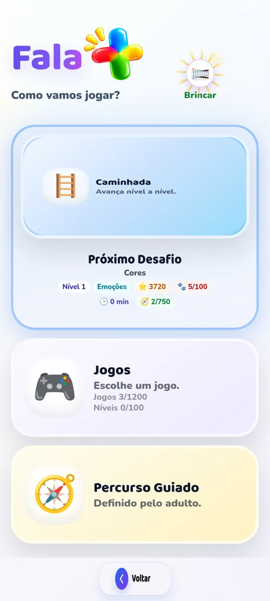 Na Fala+, a criança pode escolher Caminhada, Jogos ou Percurso Guiado.